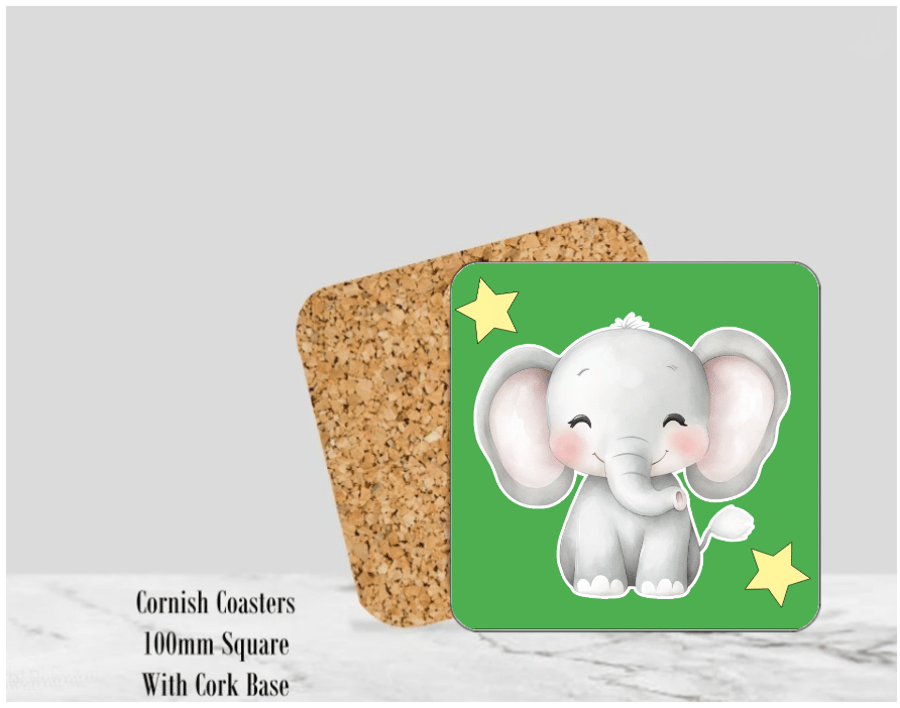 Baby Elephant Green Coaster 4" Square With Cork Base