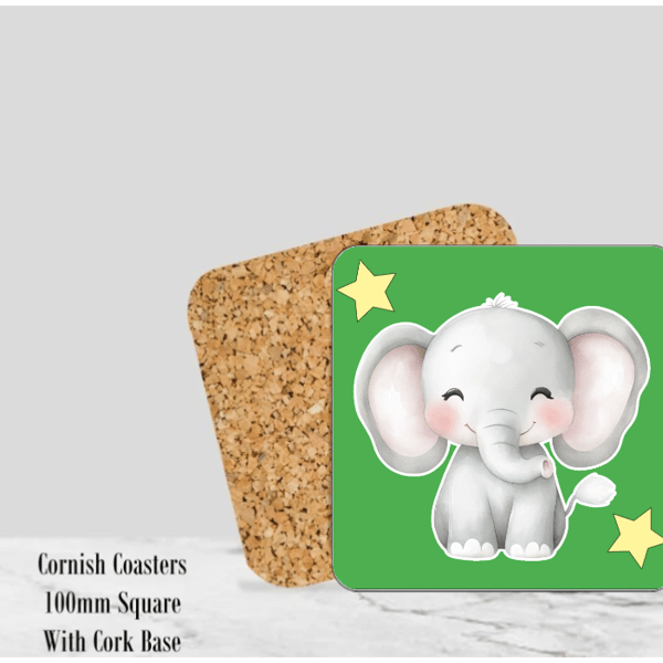 Baby Elephant Green Coaster 4" Square With Cork Base