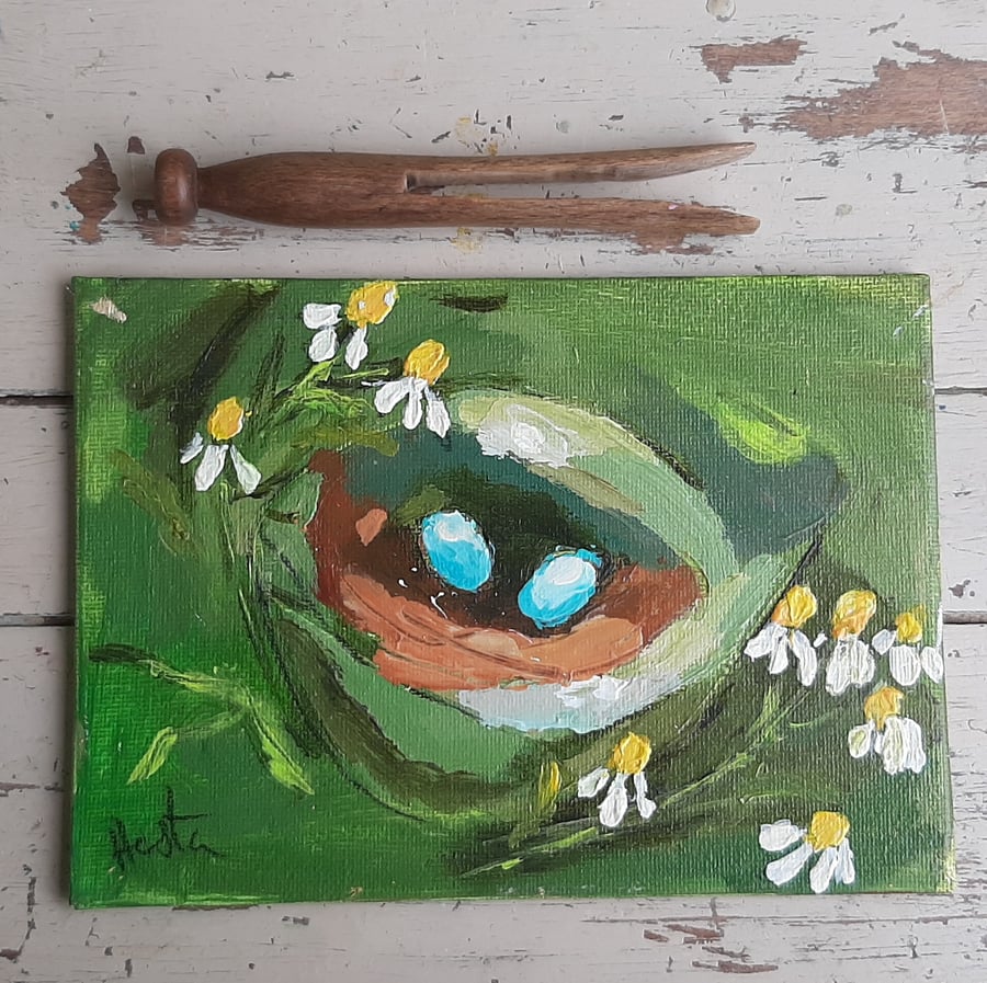 Semi abstract nest and daisy flower painting 