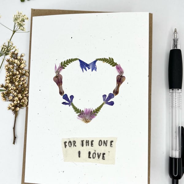 Handmade Pressed Flower Heart, Valentine's, Anniversary, Birthday Card 