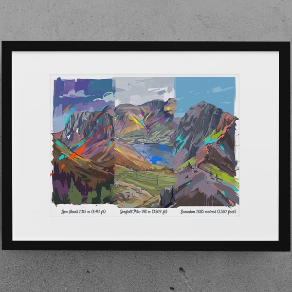 A4 Framed (choice of colours) Three Peaks UK Art Print