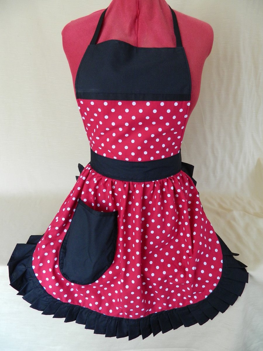 Vintage 50s Style Full Apron Pinny - Deep Red & White Polka Dot with Black Trim