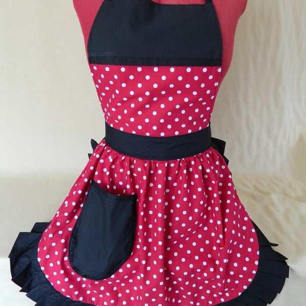 Vintage 50s Style Full Apron Pinny - Deep Red & White Polka Dot with Black Trim