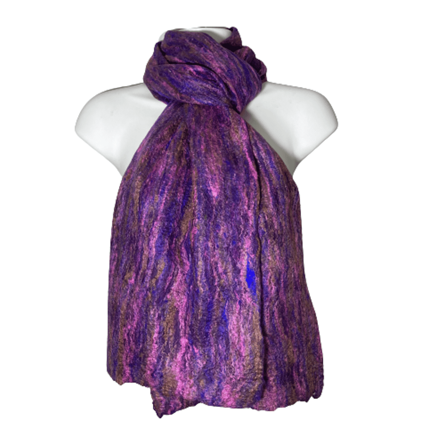 Merino wool and recycled sari silk felted scarf in purple and pink
