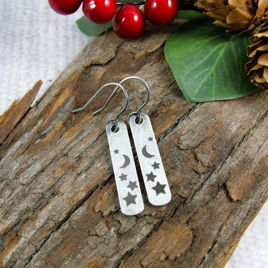 Earrings, Sterling Silver Moon and Stars Bar Droppers