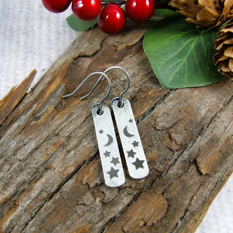 Earrings, Sterling Silver Moon and Stars Bar Droppers