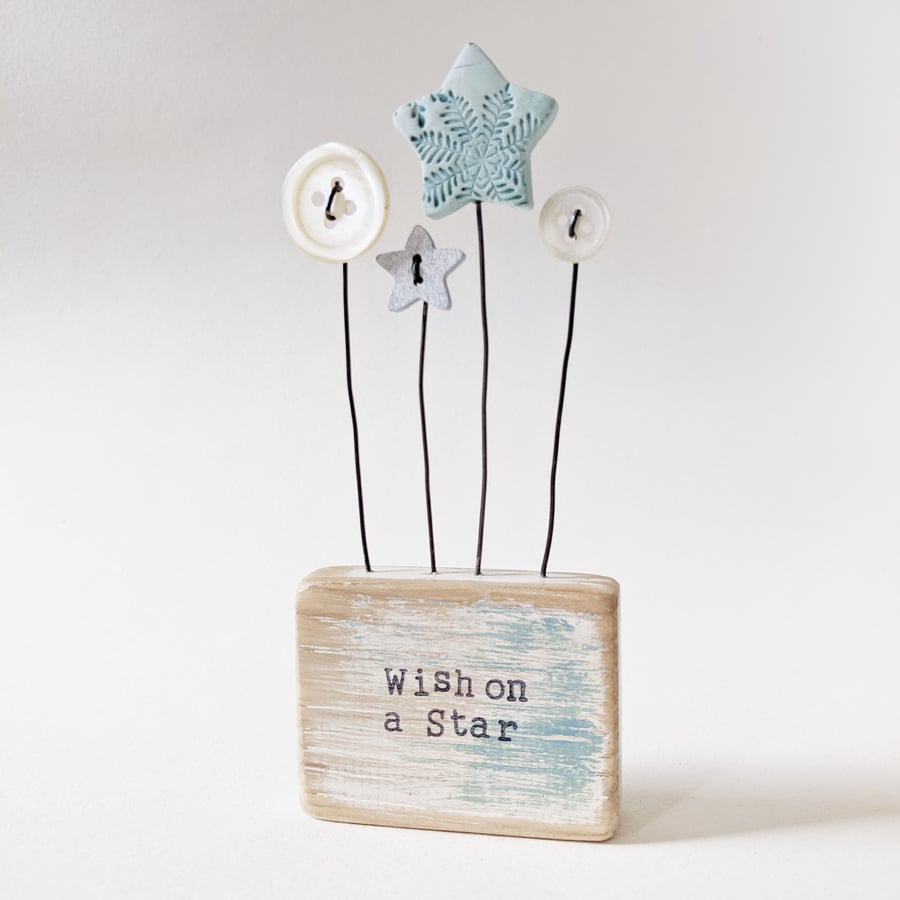 Clay Star and Buttons in a Painted Wood Block 'Wish on a Star'