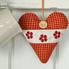 AUTUMN HEART DECORATION - gingham fabric heart with 'vintage flower' ribbon