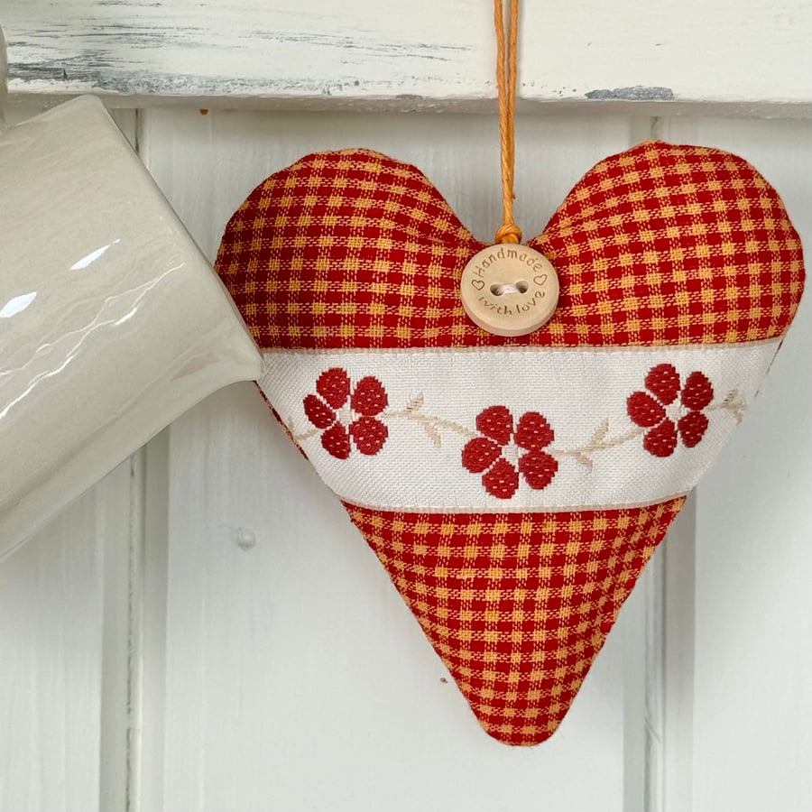 AUTUMN HEART DECORATION - gingham fabric heart with 'vintage flower' ribbon