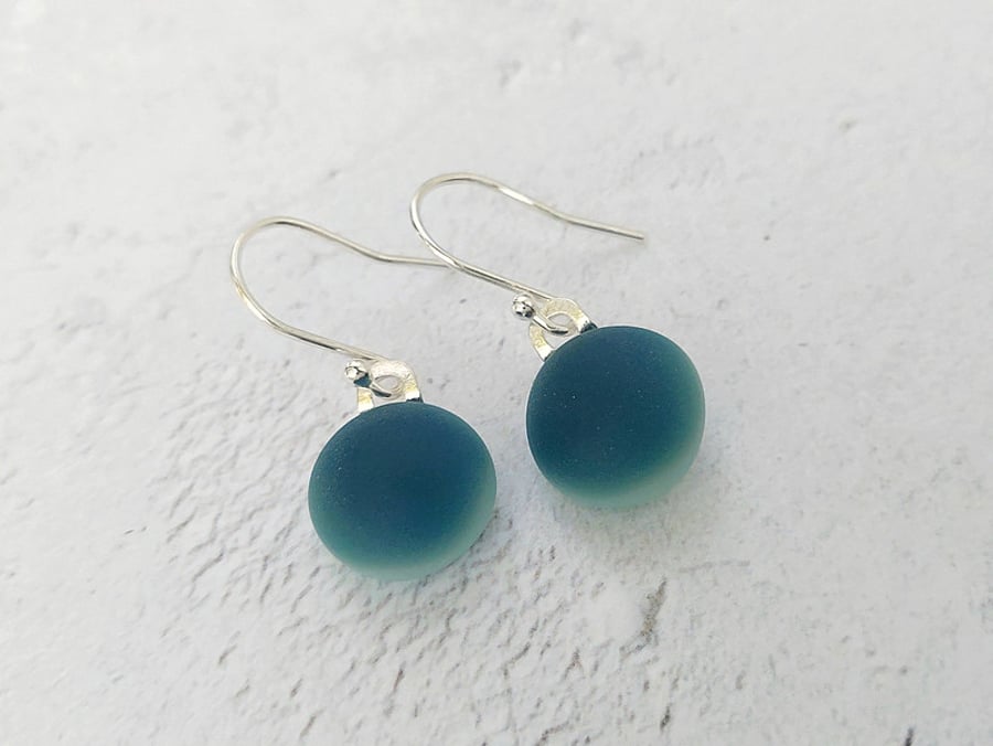 Sea blue glass drop earrings, sterling silver earwires