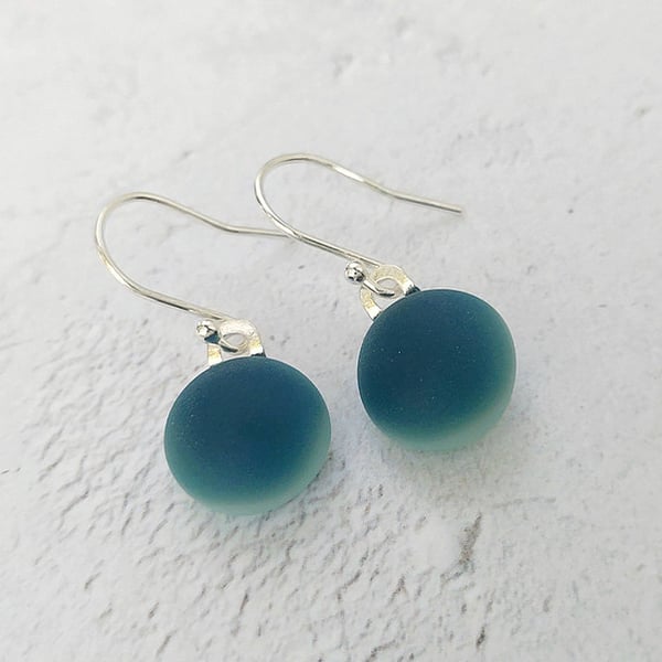 Sea blue glass drop earrings, sterling silver earwires