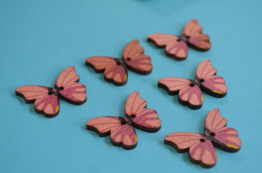 Wooden Butterfly Buttons Pink Yellow Black 6pk 28x20mm (B11)