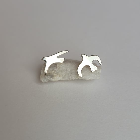 Mismatched Flying Bird Stud Earrings, Handmade Recycled Sterling Silver 