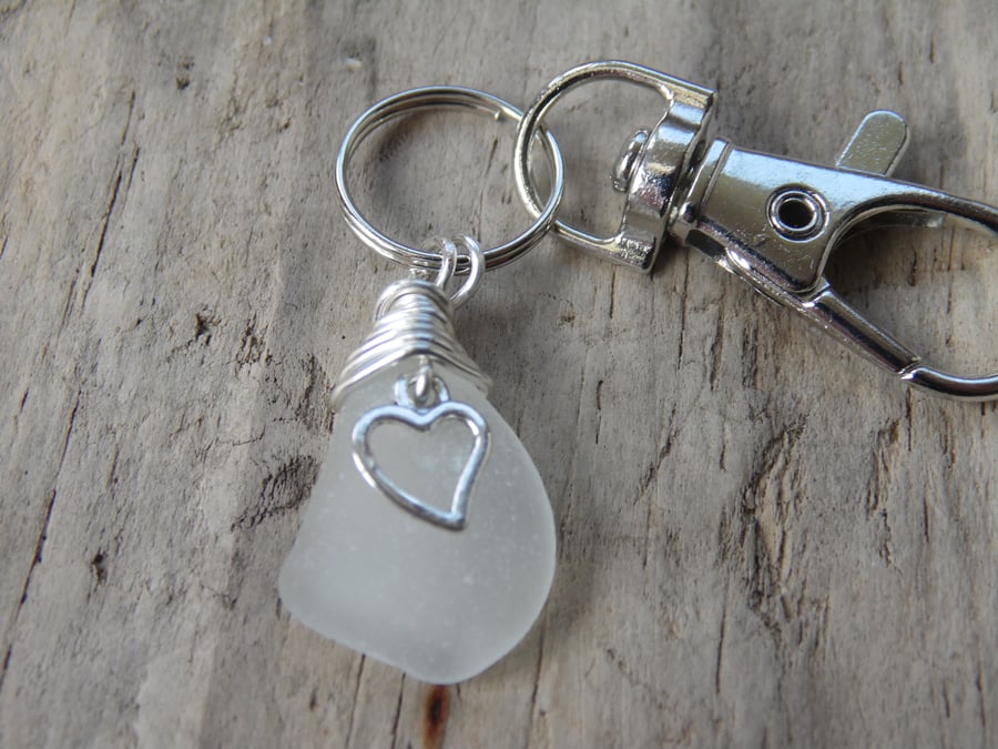 White Cornish Sea Glass with Heart Charm Keyring Bag Charm K762