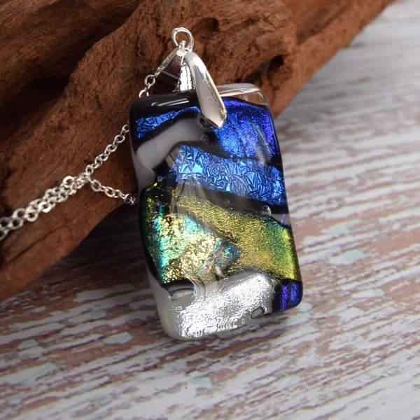 Dichroic Glass Pendant on a Silver Plated Necklace with bolt ring clasp 