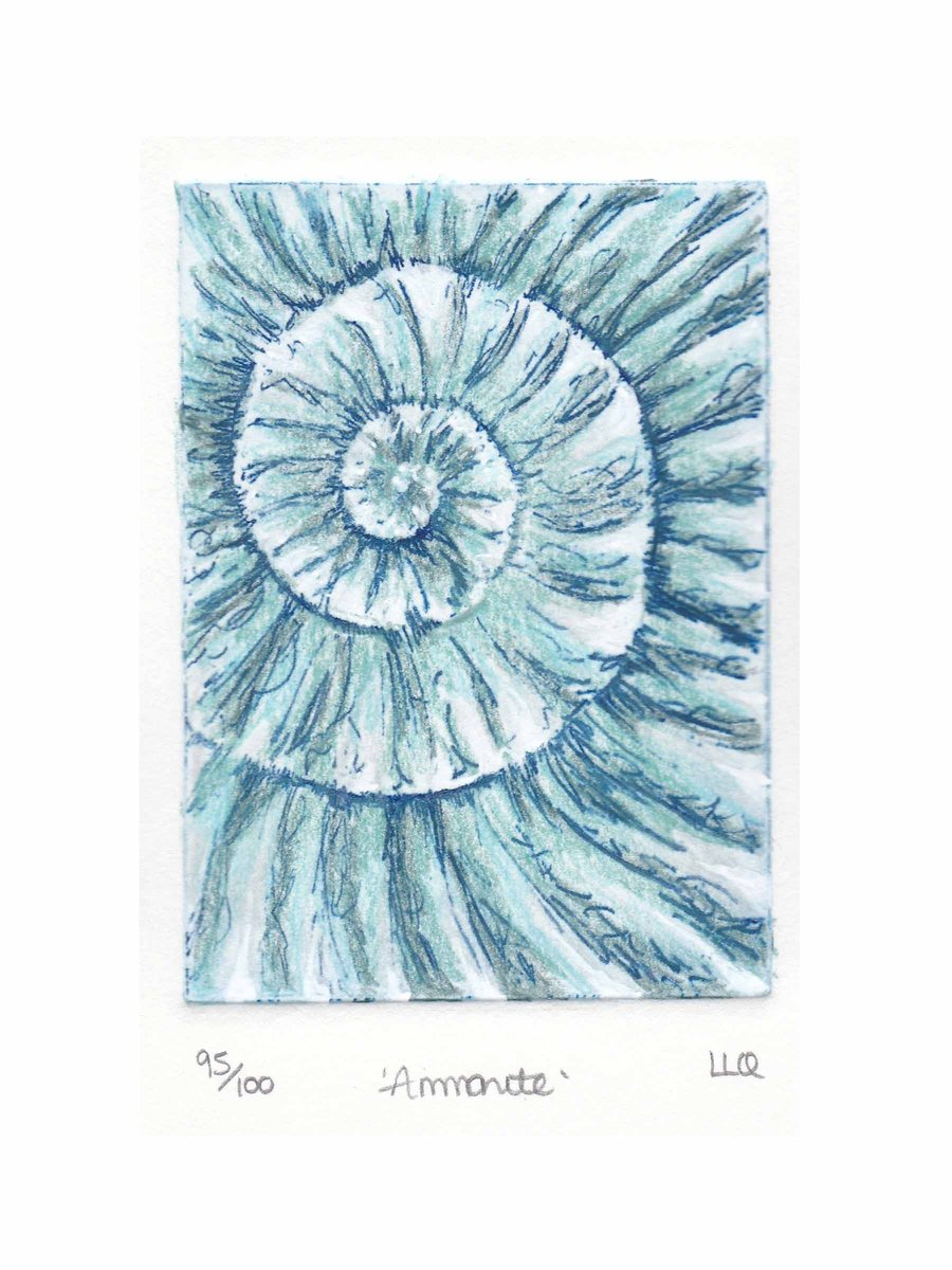 Etching no.95 of an ammonite fossil with mixed media in an edition of 100