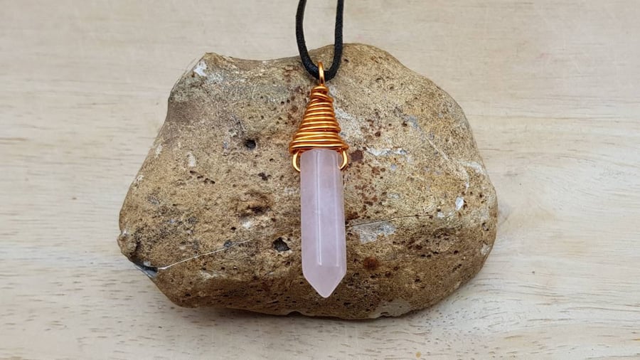 Copper wire wrap Rose quartz pendant necklace. January Birthstone