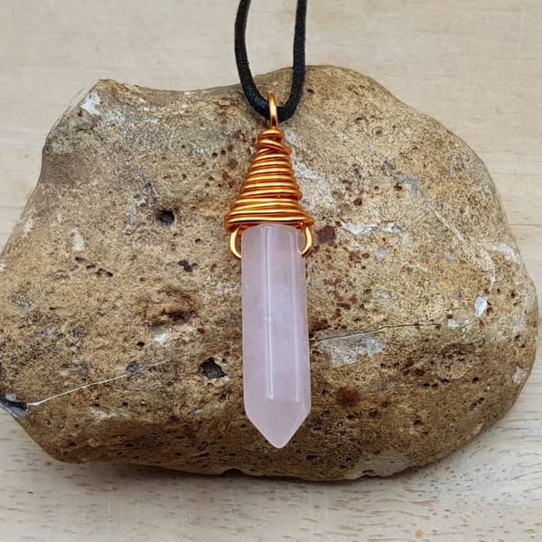 Copper wire wrap Rose quartz pendant necklace. January Birthstone