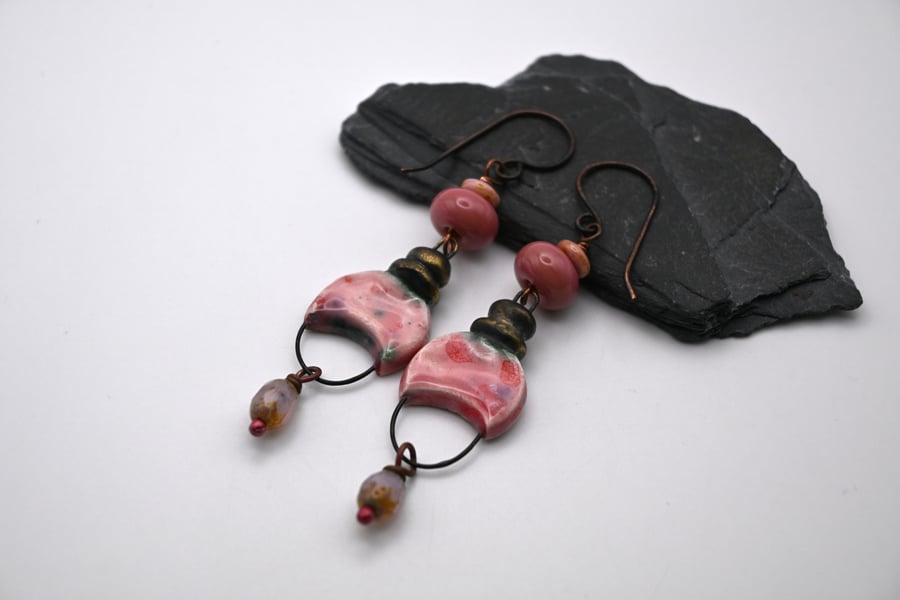pink lampwork glass, copper and ceramic earrings