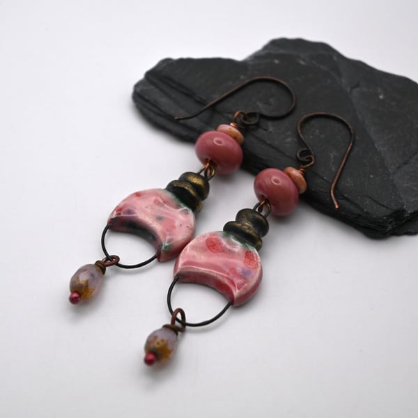 pink lampwork glass, copper and ceramic earrings