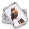 Robin, little 3D fabric robin picture framed in a tin, gift, ornament