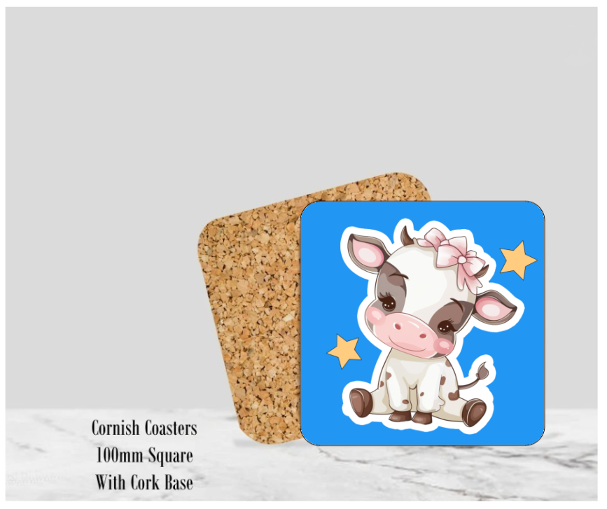 Blue Happy Cow Coaster 4" Square With Cork Base