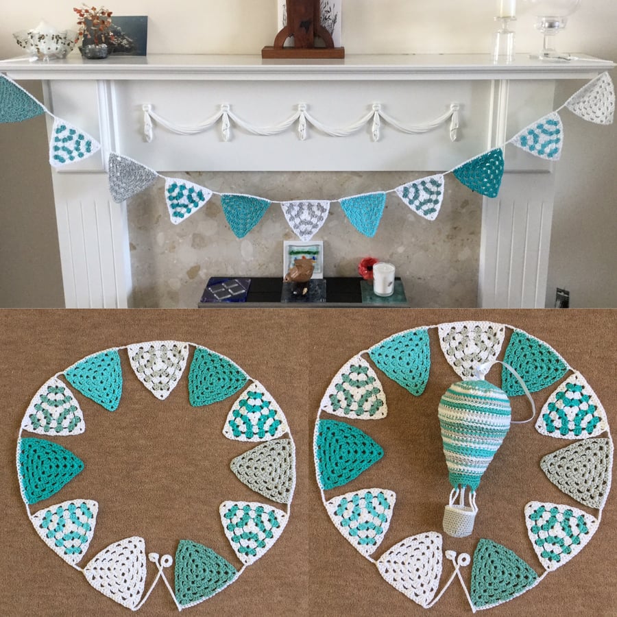 Crochet Bunting in White, Grey and Shades of Mint.