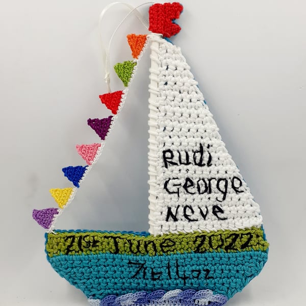Reserved for Carrie - Personalised Crochet Sailboat Hanger
