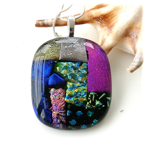 Dichroic Glass S015 Supersize Patchwork 3-layer Pendant with Silver Plated chain