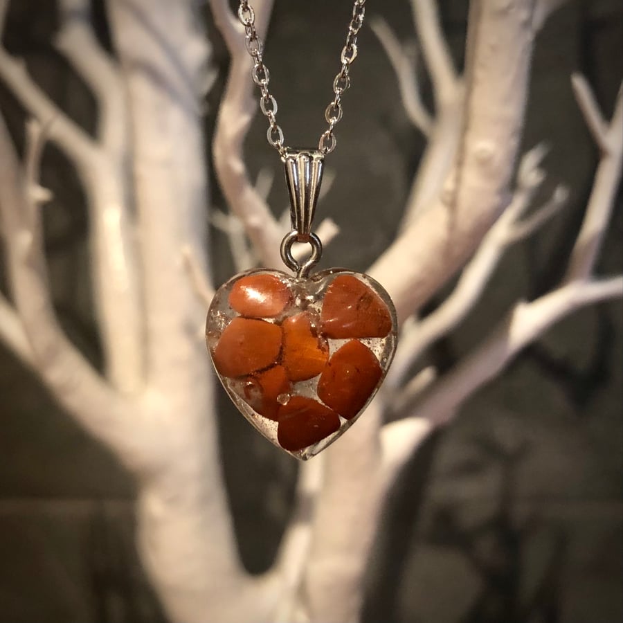 Crystal Energy Heart Pendant with Red Jasper and silver leaf (small)