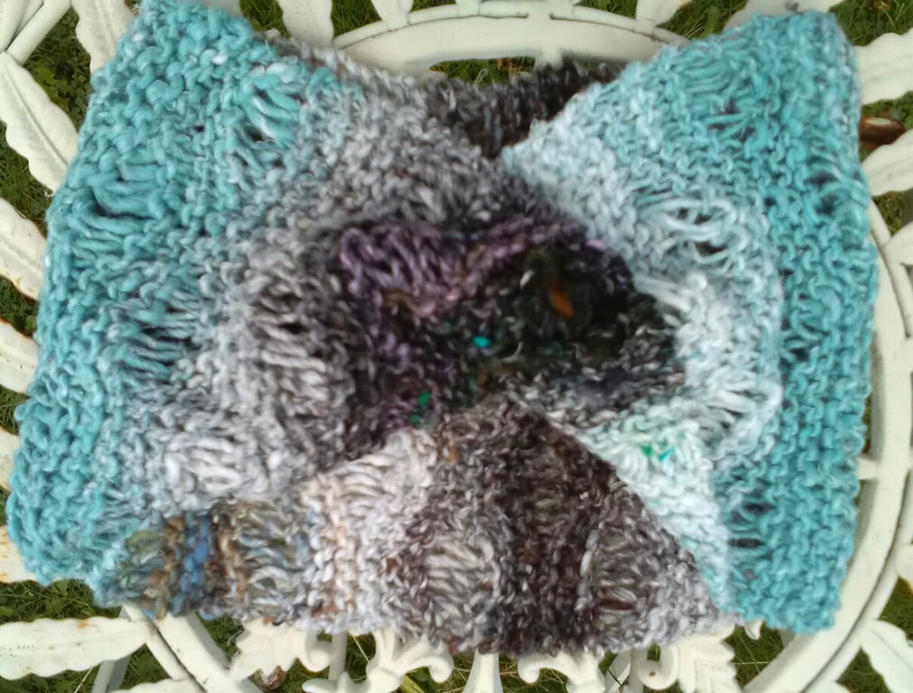 Noro MOBIUS NECK WARMER cotton, wool & silk in aqua, white and black