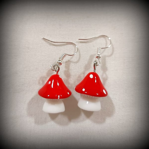 Red & White Toadstool Dangle Earrings, Silver Plated Hooks, Pillow Gift Box