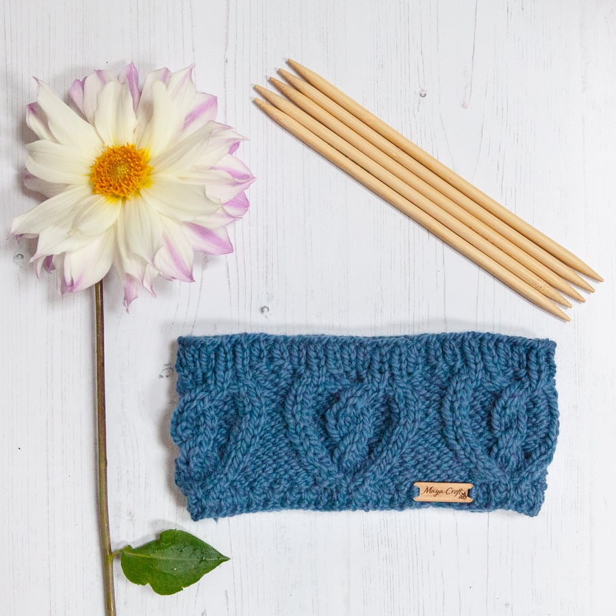 Alpaca cable headband, chunky hand knitted ear warmer in Denim Blue