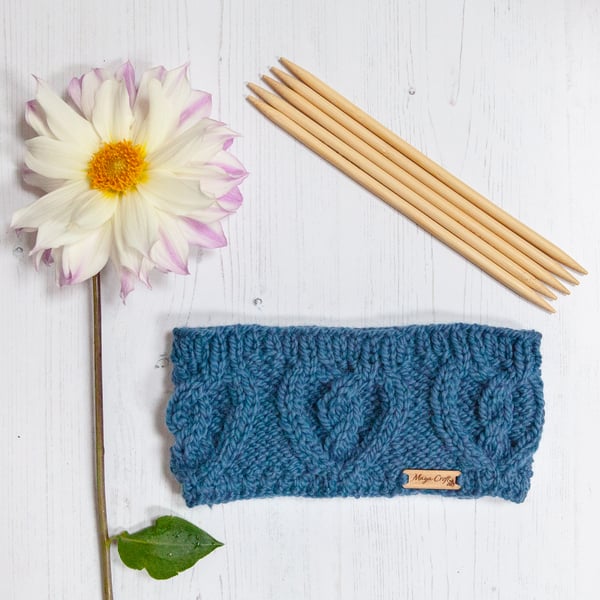 Alpaca cable headband, chunky hand knitted ear warmer in Denim Blue
