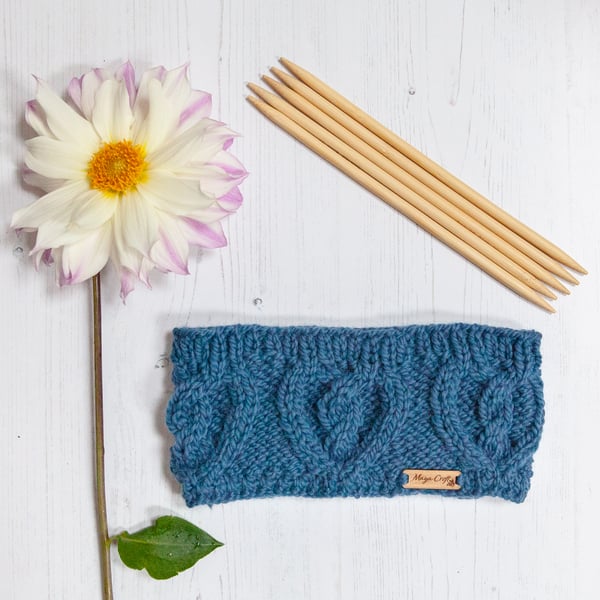 Alpaca cable headband, chunky hand knitted ear warmer in Denim Blue