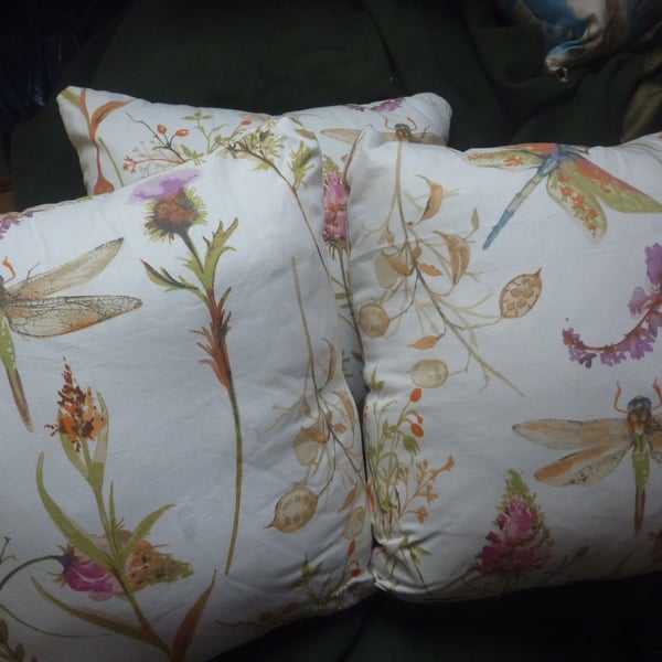  Pretty Cushion Dragonfly And Wildflower Printed Cotton Square 16Inches Zip 