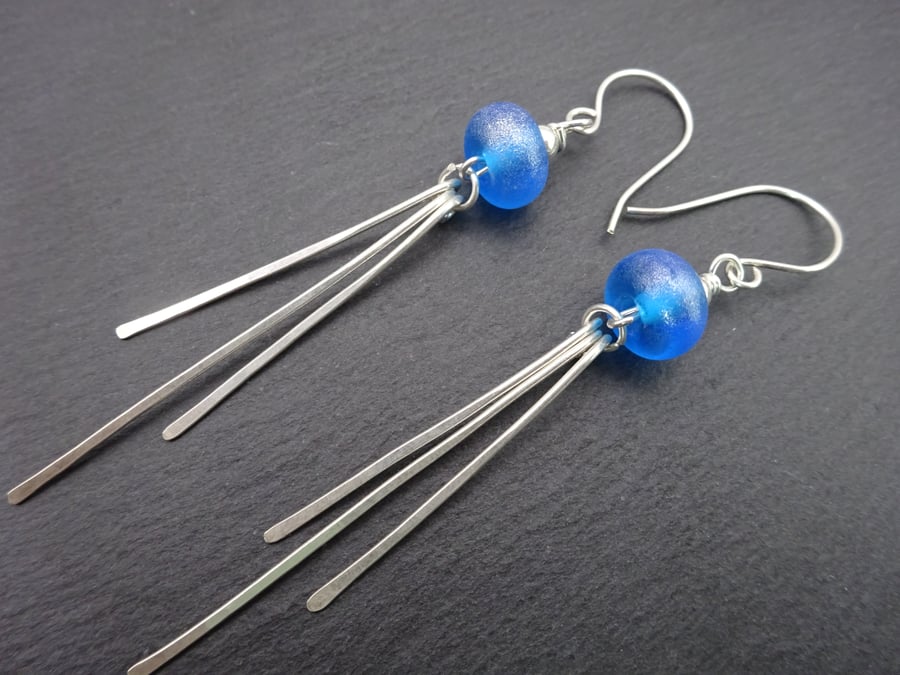 sterling silver stick earrings, blue lampwork glass