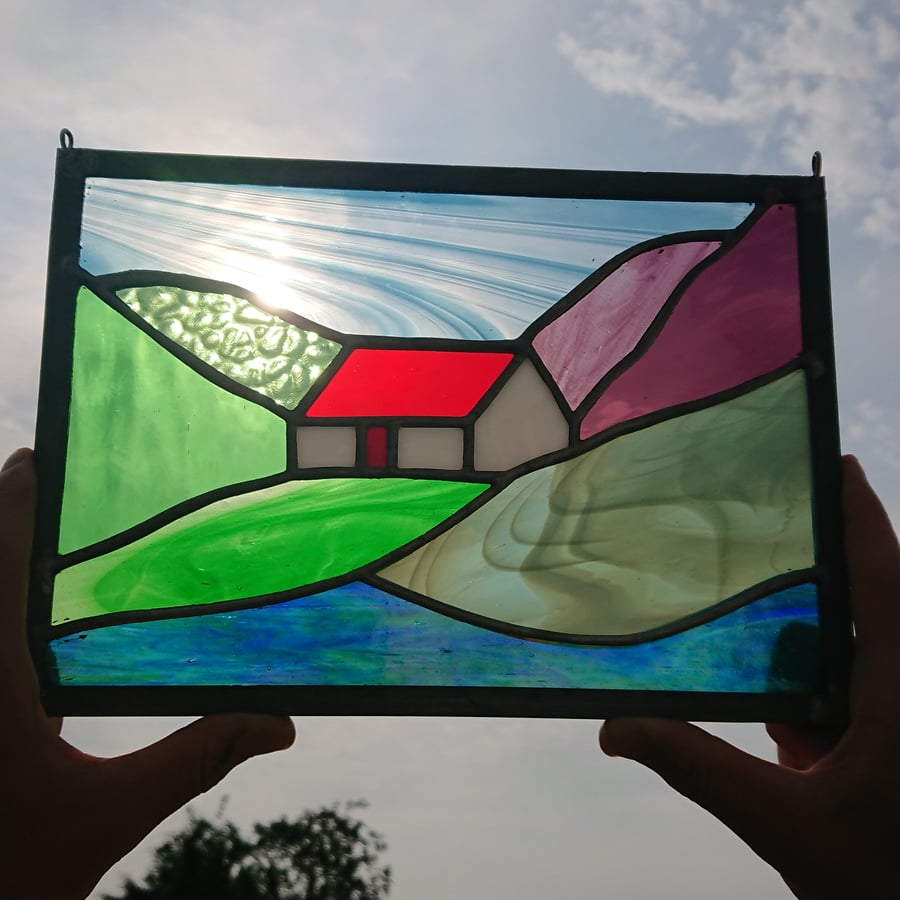SOLD Stained glass Scottish mountain bothy landscape,  Copperfoil and lead. 