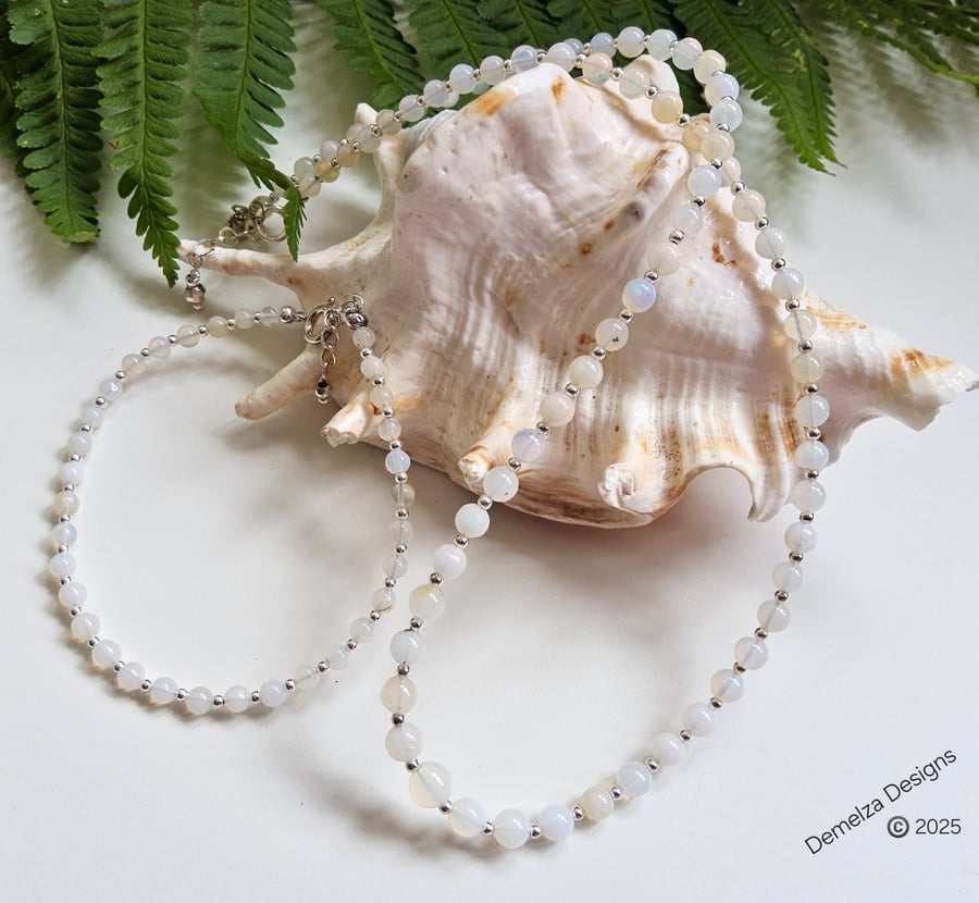 Femanine Dainty Ethopian Wello Opal Necklace & Bracelet Set Sterling Silver