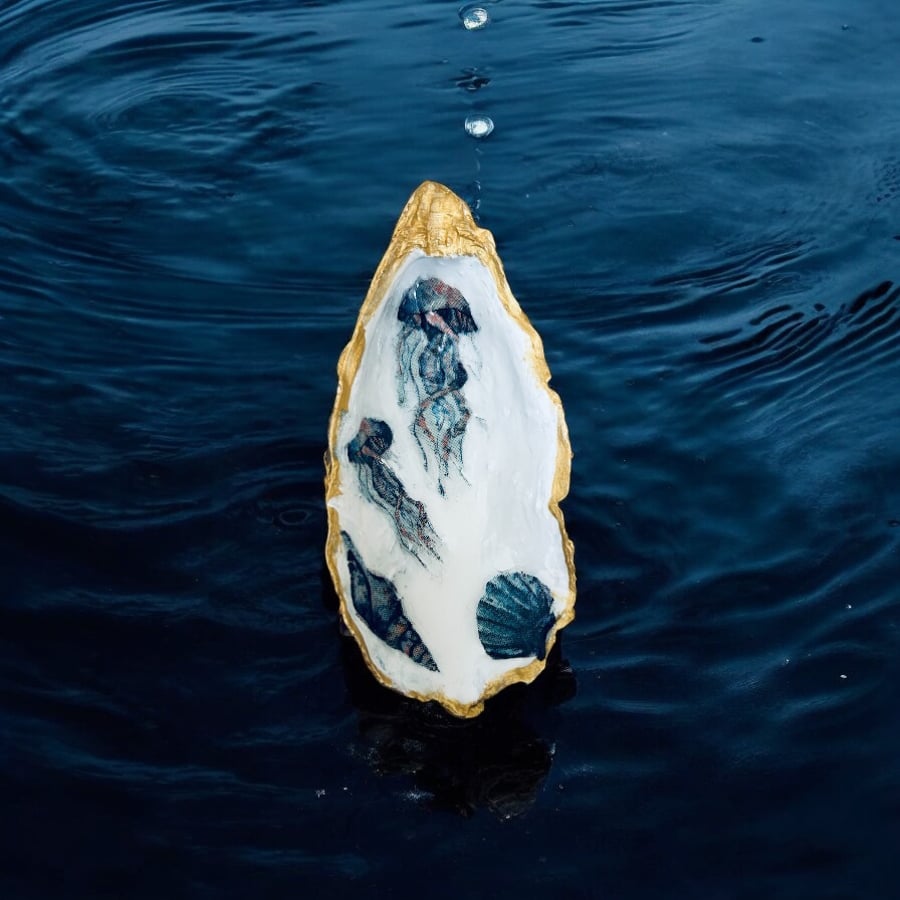 Jellyfish Oyster Shell Decoupage - Large Deep Trinket Dish - Gift Boxed