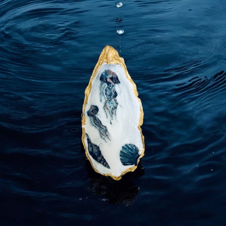 Jellyfish Oyster Shell Decoupage - Large Deep Trinket Dish - Gift Boxed