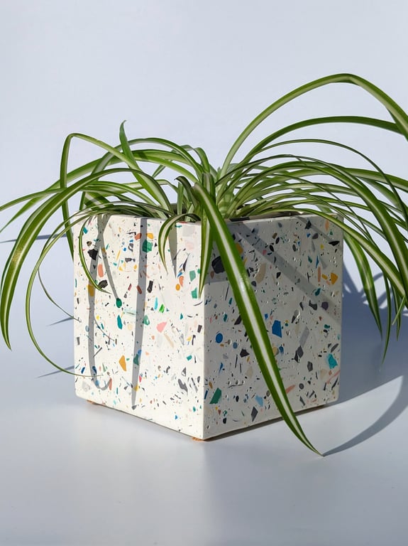 Handmade Terrazzo Square Plant Pot – Rainbow Jesmonite Planter, Zero Waste Decor