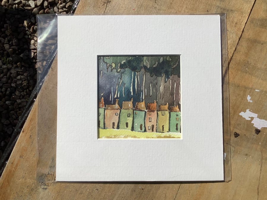 Original mounted watercolour of woodland dwellings. 
