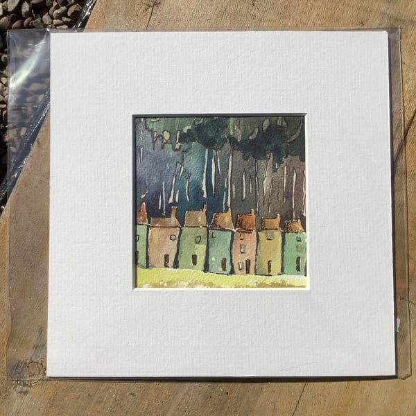 Original mounted watercolour of woodland dwellings. 