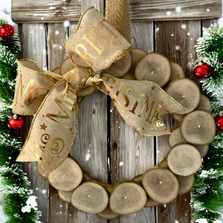 Rustic Log Wreath Wall Decoration with Gold Bow Detail