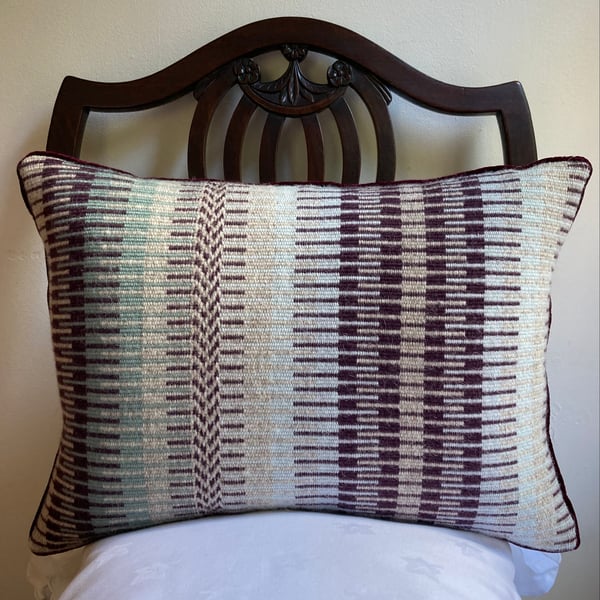 Rosanna cushion: Aubergine & Sea Mist Blue. Handwoven in Wales