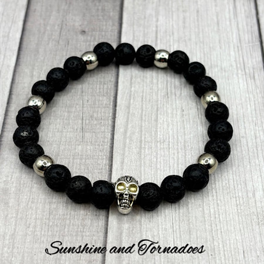Natural Lava Stone and Stainless Steel Stretch Bracelet with Skull Bead