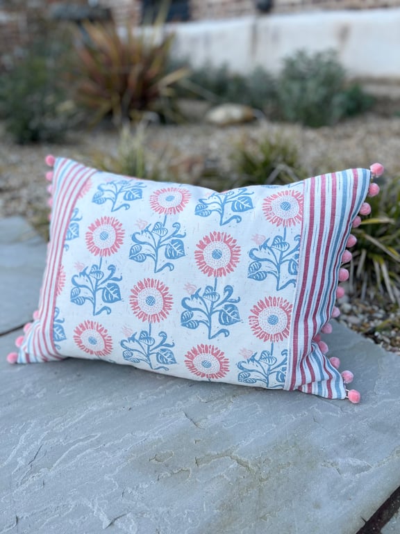 Sunflowers and stripes cushion cover with pompoms