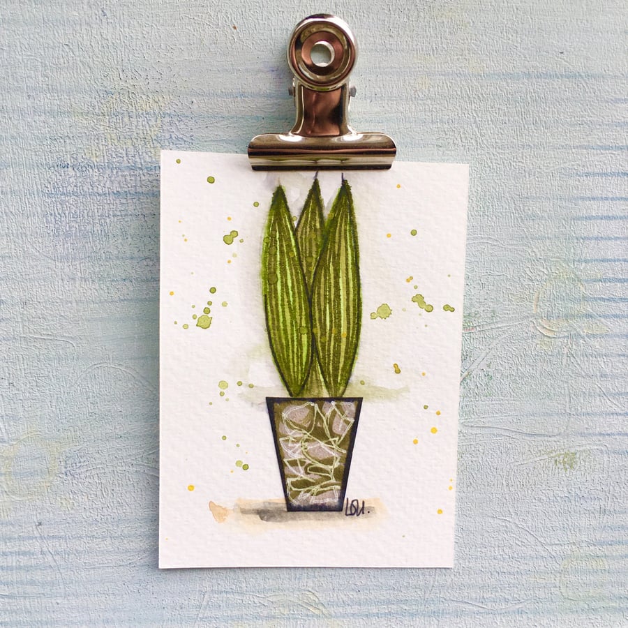 Original watercolour and collage miniature art ACEO house plant 