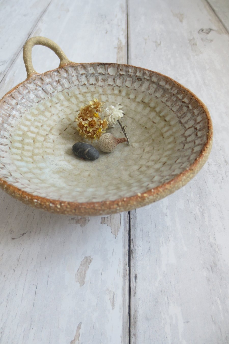 Hand-built stoneware pottery candle dish in light sea green